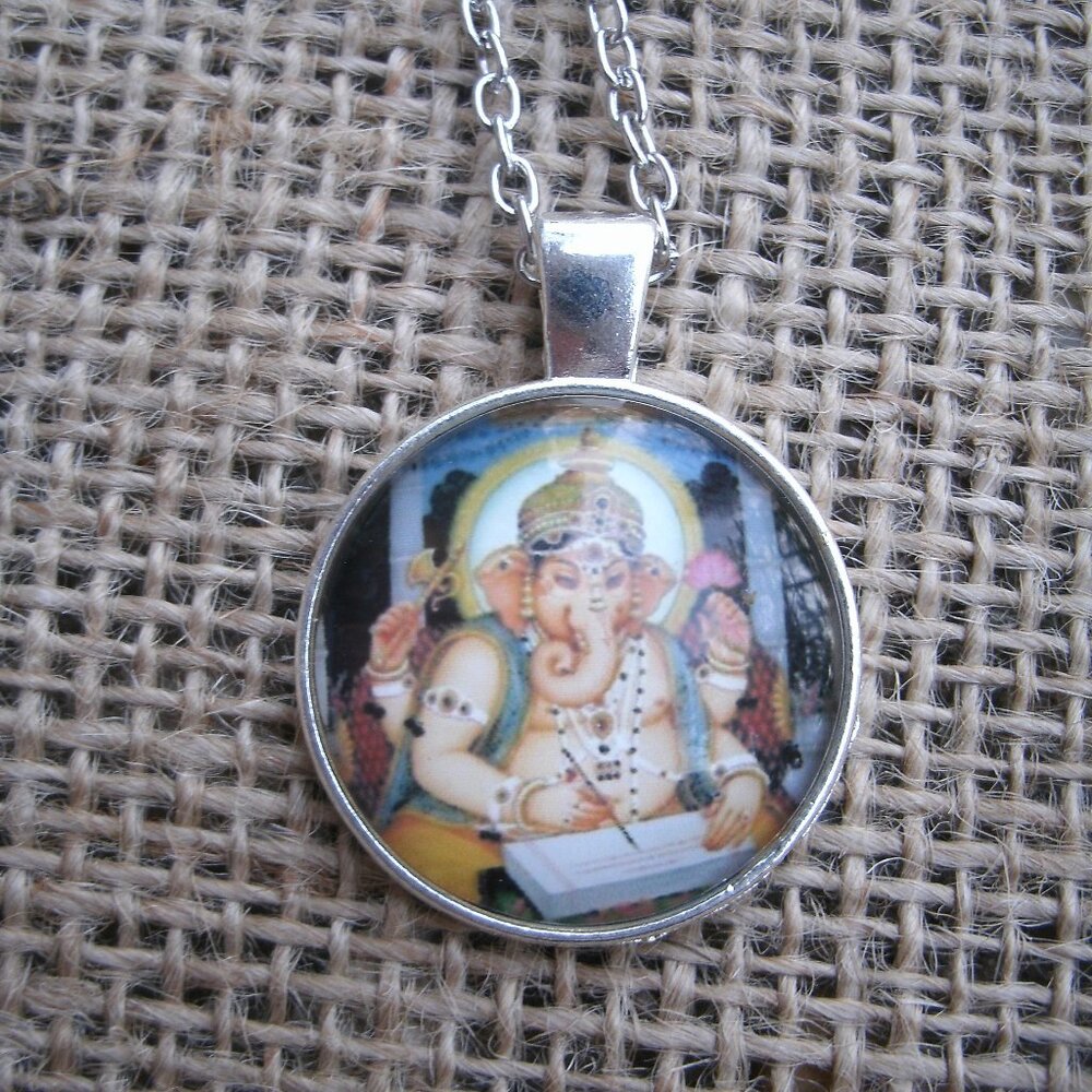 Ganesha Writing Glass Cabochon Pendant Necklace
